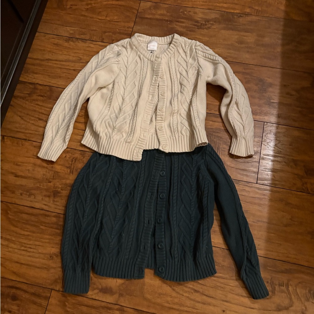 Hanna Andersson Cream and Green Cable Knit Cardigan Set